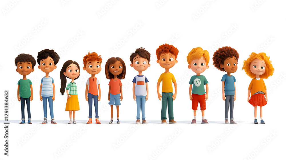 A line of cartoon children, ages ranging from toddlers to late teens, facing the viewer, against a pure white background, 3D rendered, cheerful expressions, dynamic poses, varied outfits, bright A line of cartoon children, ages ranging from toddlers to late teens, facing the viewer, against a pure white background, 3D rendered, cheerful expressions, dynamic poses, varied outfits, bright