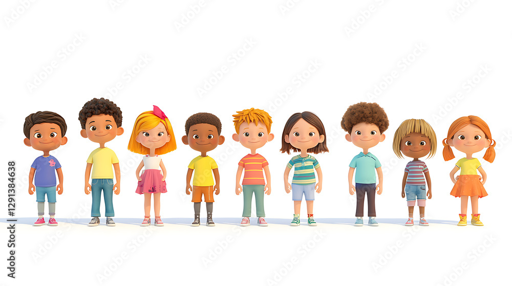 A line of cartoon children, ages ranging from toddlers to late teens, facing the viewer, against a pure white background, 3D rendered, cheerful expressions, dynamic poses, varied outfits, bright A line of cartoon children, ages ranging from toddlers to late teens, facing the viewer, against a pure white background, 3D rendered, cheerful expressions, dynamic poses, varied outfits, bright