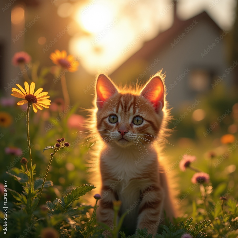 Obraz premium An orange kitten sitting in the grass with its tongue out, surrounded by plants with flowers and leaves, with a blurred background.