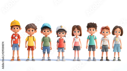 Wallpaper Mural A perfectly positioned line-up of cartoon children (toddlers to teens), looking at the camera, 100% white background, 3D animation style, sharp details, lively expressions, bright and clear  Torontodigital.ca