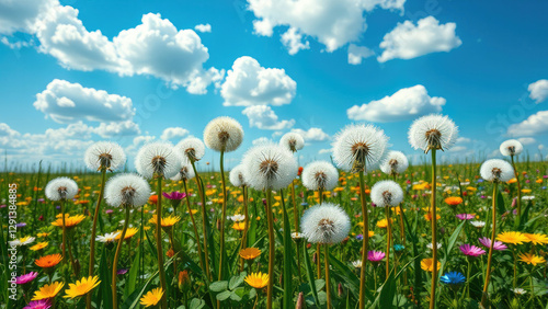 Dandelions growing in a patchwork field with other wildflowers like clover and buttercups under a bright blue sky, colorful flowers, natural scenery