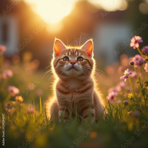 An orange kitten sitting in the grass with its tongue out, surrounded by plants with flowers and leaves, with a blurred background.