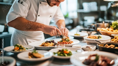 A chef working on meal preparation for a multi-course dinner, focusing on efficiency and precision.