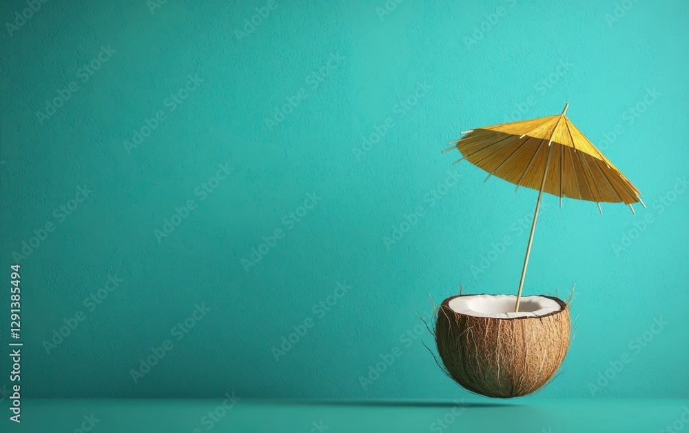 custom made wallpaper toronto digitalFloating coconut with straw and umbrella on a tropical teal 3D background minimalistic mockup with space for text