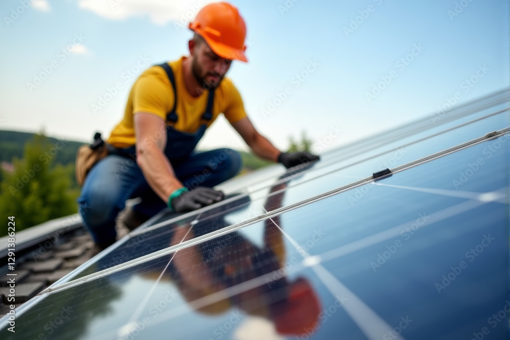 A close-up of a worker in protective gear installing solar panels on a rooftop