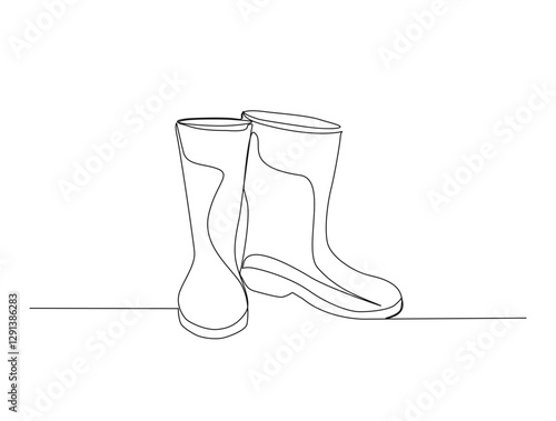 Continuous one line drawing of farmer rubber boots. Rubber boots in single line draw illustration. Editable stroke.