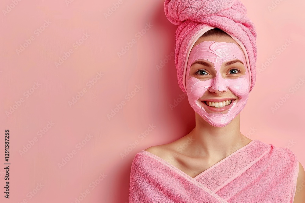 A smiling woman with a pink facial mask and towel against a pastel pink background, exuding relaxation and self-care. A smiling woman with a pink facial mask and towel against a pastel pink background, exuding relaxation and self-care.