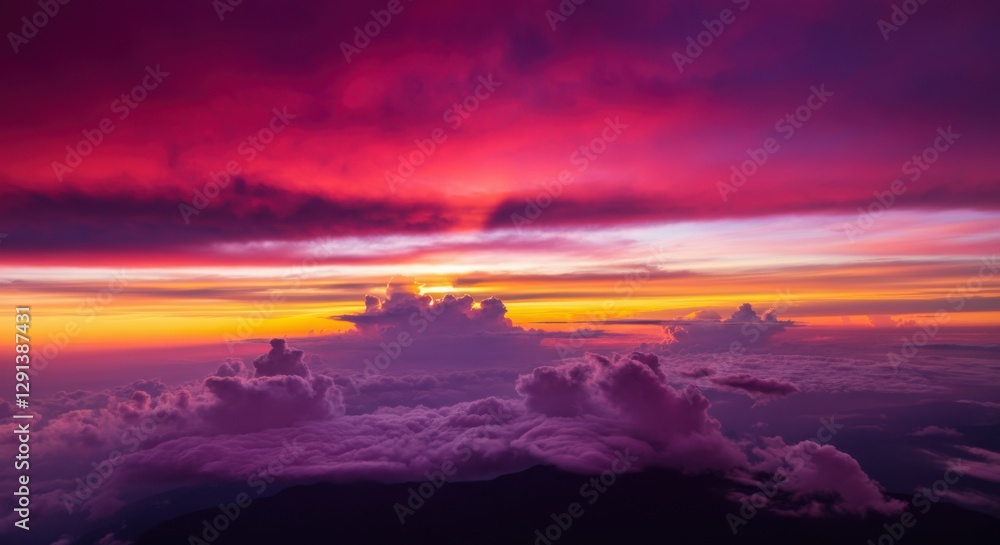 Fototapeta premium Vibrant sunset over clouds, showcasing a stunning array of colors