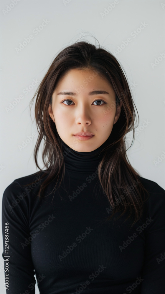 Young Asian woman in black turtleneck, looking directly. Young Asian woman in black turtleneck, looking directly.