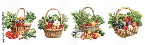 Fresh Farmer's Market Basket: Hand-drawn Watercolor Illustration of Colorful Produce on Transparent Background
