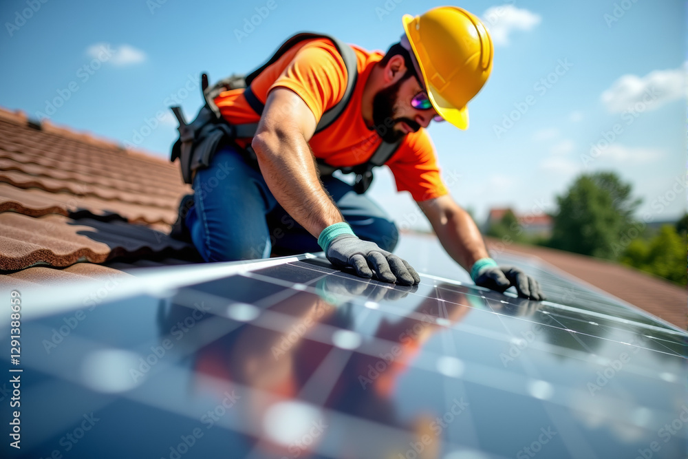 A close-up of a worker in protective gear installing solar panels on a rooftop A close-up of a worker in protective gear installing solar panels on a rooftop