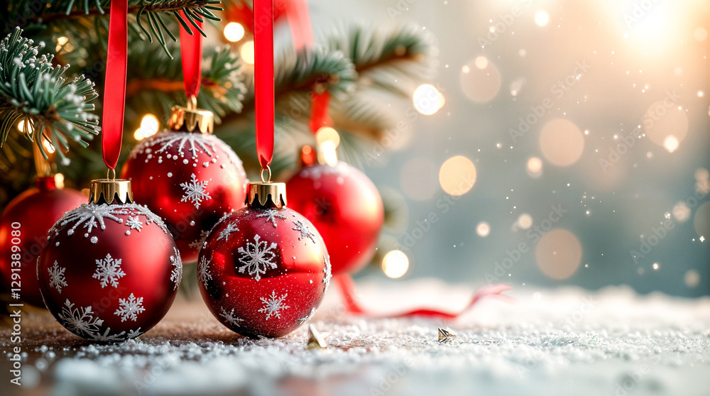 four red christmas baubles with snowflake hanging on a pine branch four red christmas baubles with snowflake hanging on a pine branch