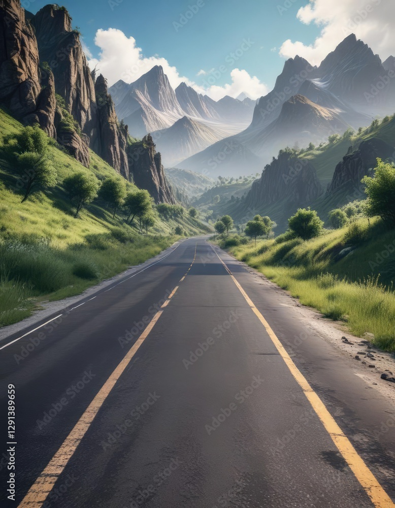 Fototapeta premium Deserted asphalt road stretches into the distance against a backdrop of rugged mountain peaks and lush greenery, wilderness, open space, mountains