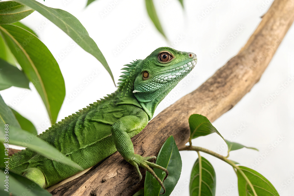 Vibrant Green Lizard Resting on Tree Branch on white Background Vibrant Green Lizard Resting on Tree Branch on white Background