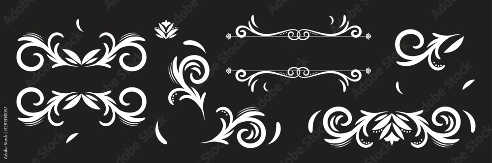 Swirl ornament stroke. Ornamental curls, swirls divider and filigree ornaments vector illustration set