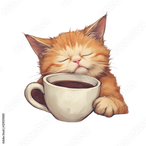A content orange cat sleeping peacefully with its head resting on a coffee cup
