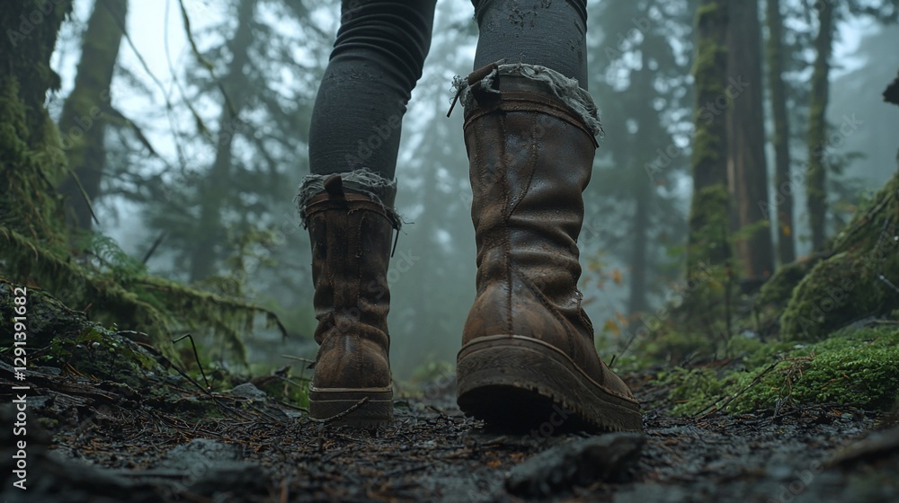 Woman hiking boots mossy forest trail, fog background, adventure Woman hiking boots mossy forest trail, fog background, adventure
