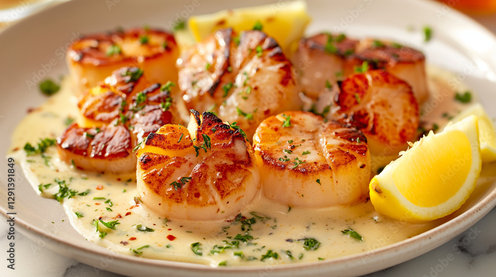 Seared scallops with garnish on a plate. Seared scallops with garnish on a plate.