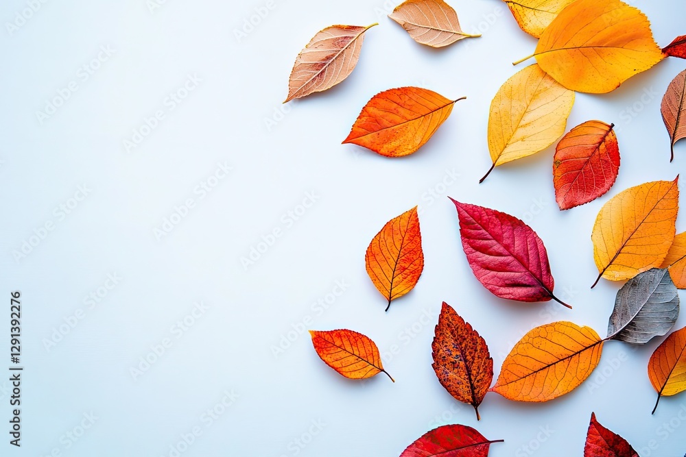 Obraz premium A minimalist composition of scattered single leaves, isolated