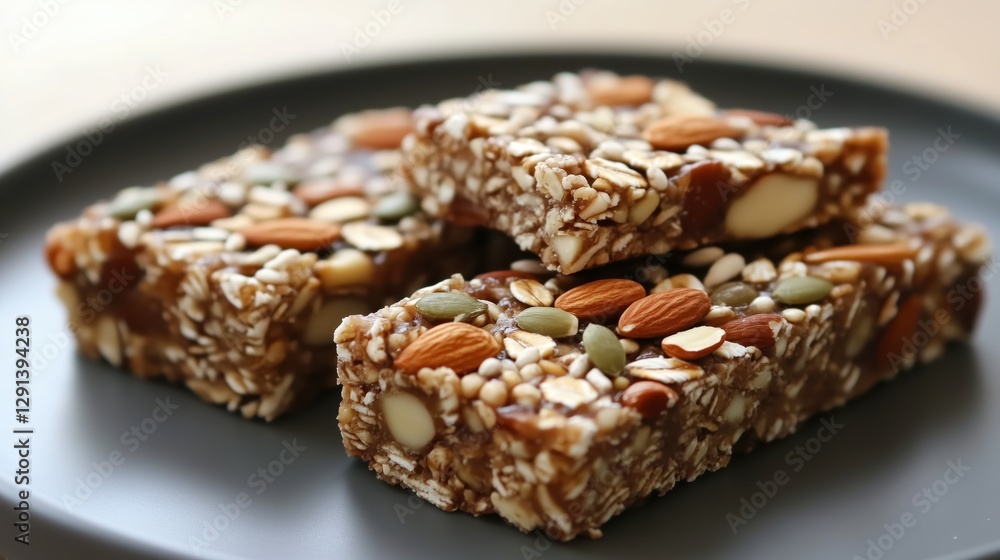 Crispy granola bars rest on a gray plate, their golden surface studded with crunchy nuts and wholesome seeds. Crispy granola bars rest on a gray plate, their golden surface studded with crunchy nuts and wholesome seeds.