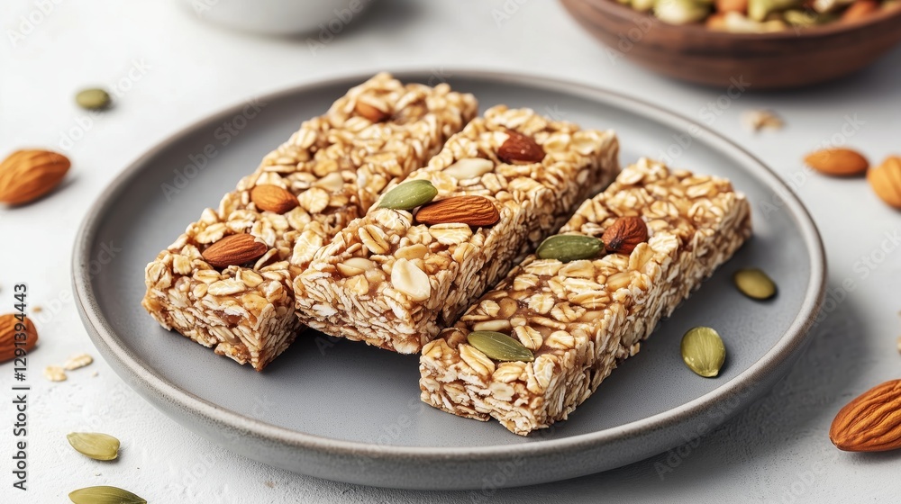 Crispy granola bars rest on a gray plate, their golden surface studded with crunchy nuts and wholesome seeds. Crispy granola bars rest on a gray plate, their golden surface studded with crunchy nuts and wholesome seeds.