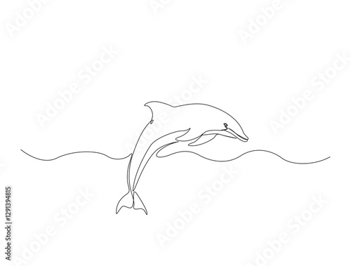 Continuous one line drawing of dolphin fish in the sea. Bottlenose dolphin in single line draw illustration. Editable stroke.