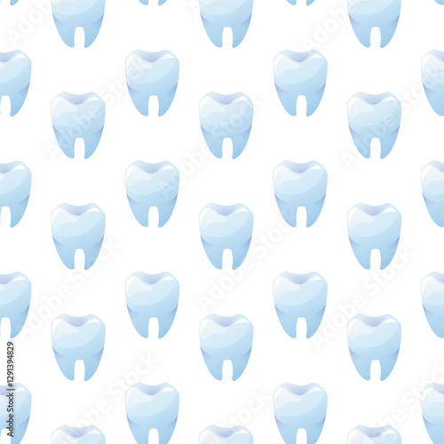 Vector cartoon Shiny white tooth, seamless pattern on white background. Clean and healthy molar illustration for dental care, oral hygiene, and stomatology concepts.