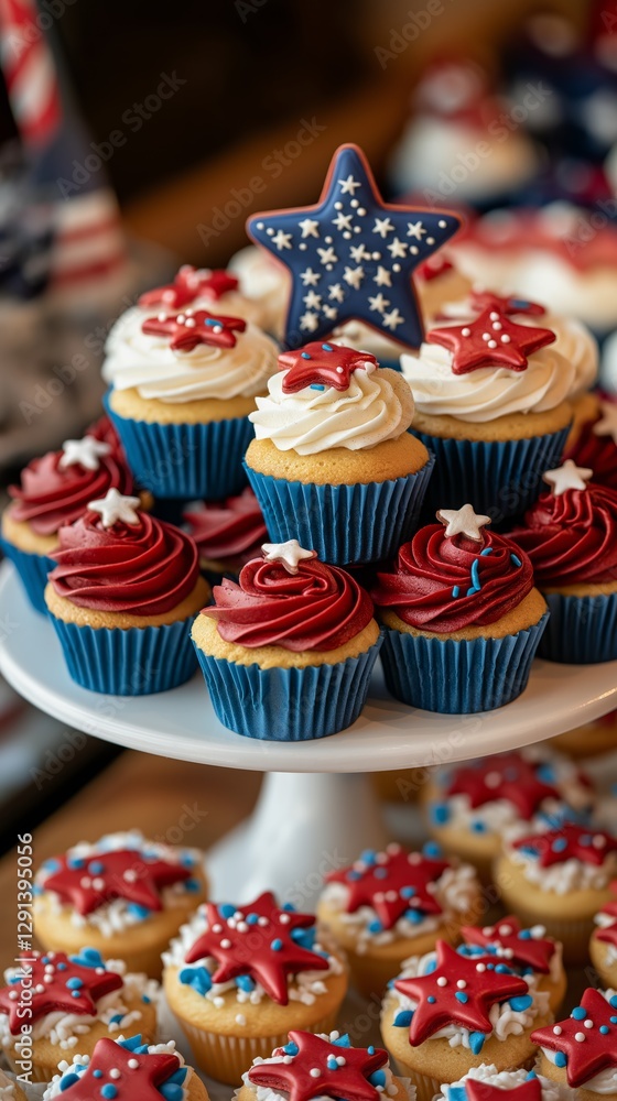 Patriotic-themed dessert table featuring red, white, and blue cupcakes, star-shaped cookies, and festive drinks arranged in an eye-catching display, celebration party treats, vibrant holiday colors Patriotic-themed dessert table featuring red, white, and blue cupcakes, star-shaped cookies, and festive drinks arranged in an eye-catching display, celebration party treats, vibrant holiday colors