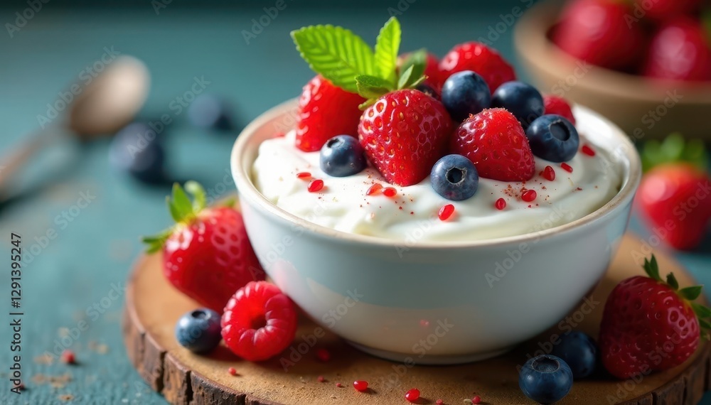 Creamy homemade yogurt topped with fresh berries, healthy eating, delicious, white Creamy homemade yogurt topped with fresh berries, healthy eating, delicious, white