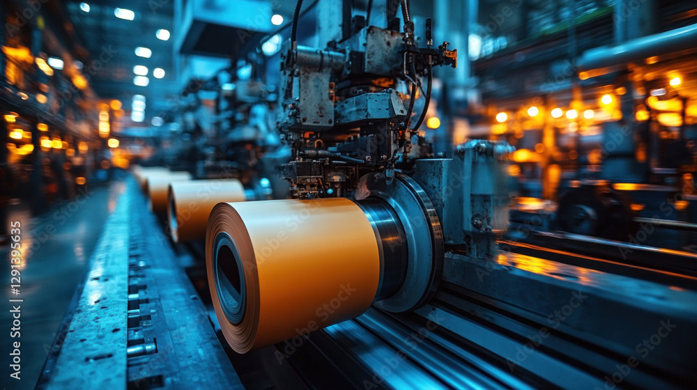 Naklejka premium Automated industrial printing press producing high-quality materials, massive paper rolls feeding into precise machinery