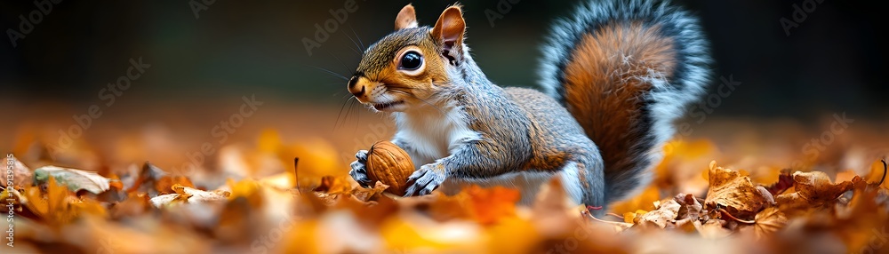 Obraz premium Squirrel gathering nuts autumn forest wildlife photography nature conservation ground level growth of flora