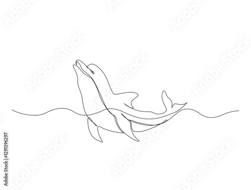Continuous one line drawing of dolphin fish in the sea. Bottlenose dolphin in single line draw illustration. Editable stroke.