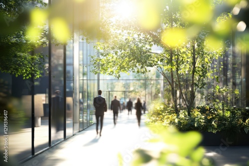 Business people walk near a modern office building with greenery