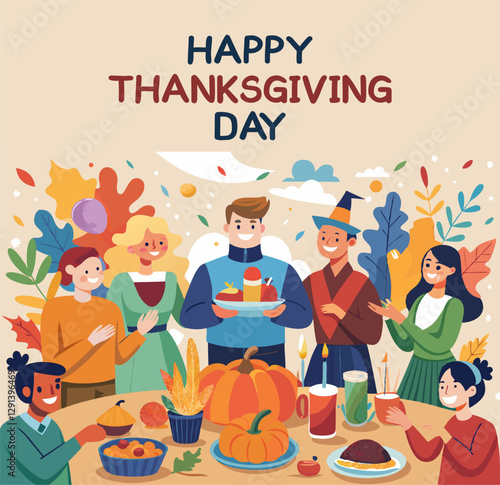 Happy Thanksgiving Day text with autumn elements decoration background. Happy thanksgiving 2025