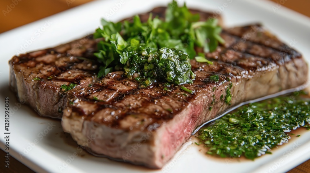 Smoky grill marks adorn the succulent steak, topped with a bright chimichurri sauce, its zesty aroma enhancing every bite. Smoky grill marks adorn the succulent steak, topped with a bright chimichurri sauce, its zesty aroma enhancing every bite.