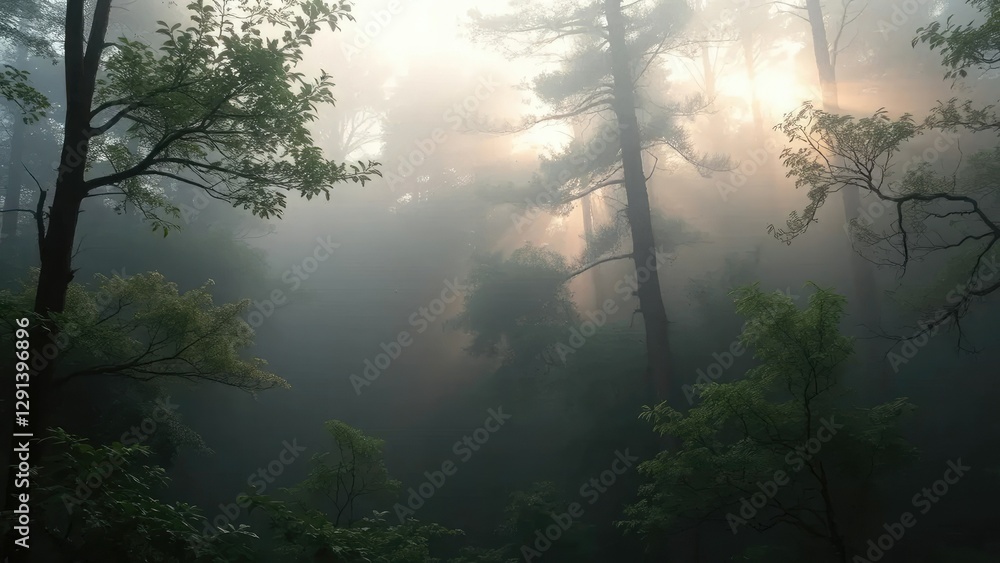 Fototapeta premium A misty forest scene with sunlight peeking through foliage, atmospheric conditions, forest