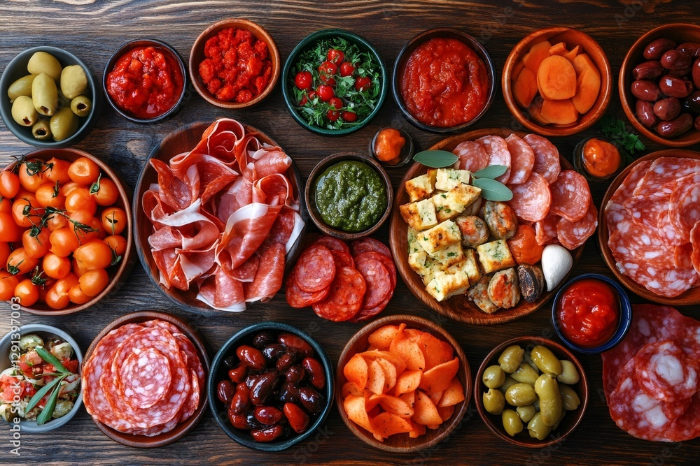 Fototapeta premium Overhead view of a colorful and inviting antipasto platter featuring a variety of italian delicacies