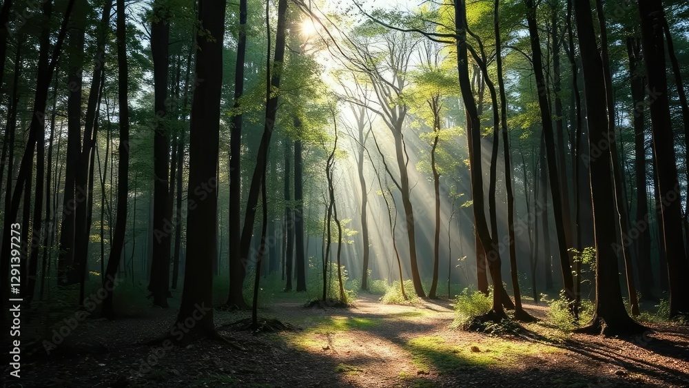 Obraz premium A peaceful scene of a forest with soft sunlight filtering through the trees, calm, forest