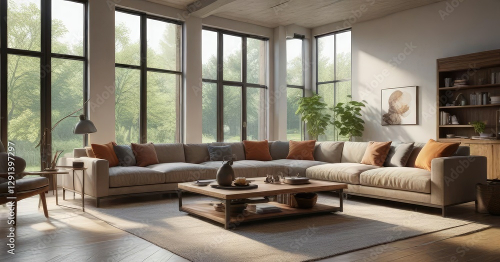 Family room with comfortable furniture and large windows, warmth, windows, cozy Family room with comfortable furniture and large windows, warmth, windows, cozy