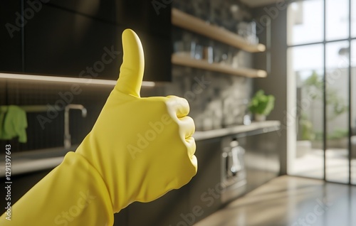 Yellow gloved hand gesturing thumbs up in a clean, modern kitchen, signifying approval of cleaning products or services