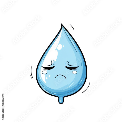 Cartoon water droplet expressing sadness with a frown  cut out - stock png.