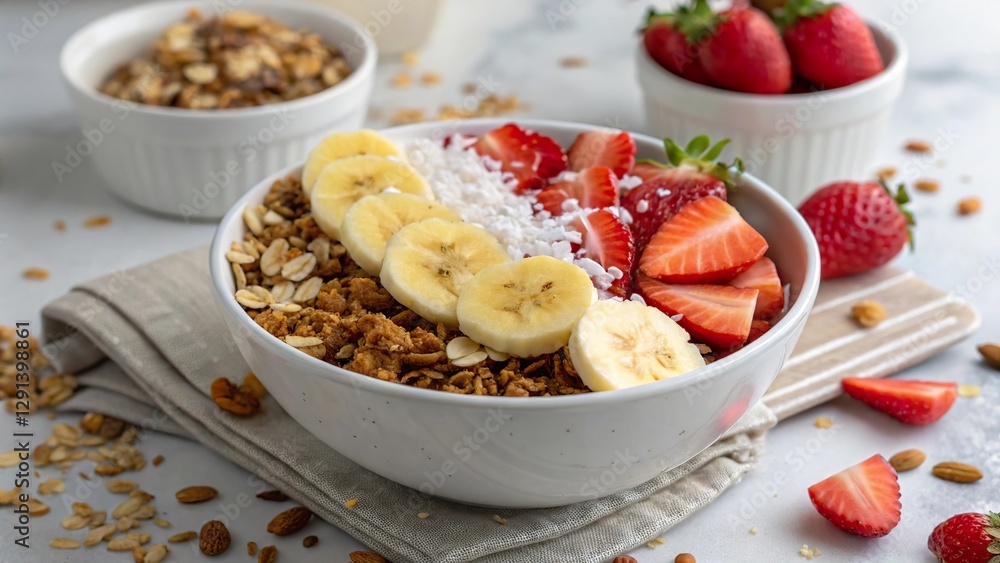 Fresh granola bowl topped with sliced bananas and strawberries served at a cozy kitchen table Fresh granola bowl topped with sliced bananas and strawberries served at a cozy kitchen table
