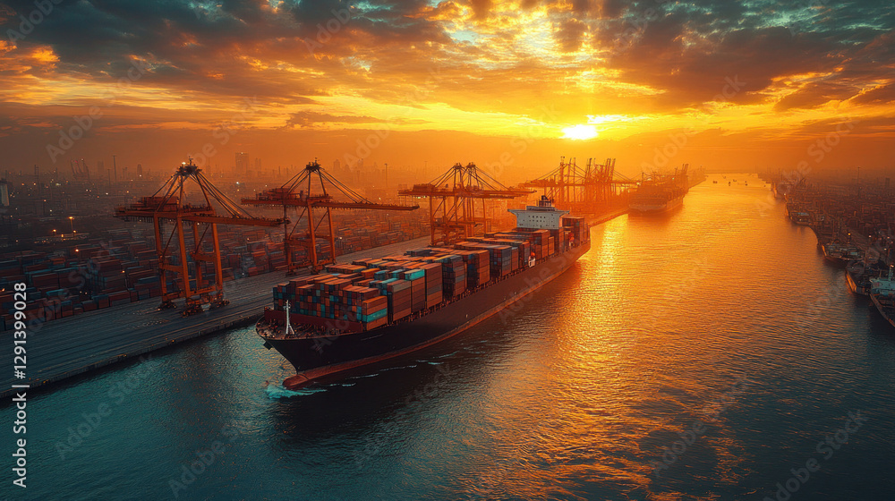 Drone shot of an industrial port with giant cargo ships, massive container stacks, and automated cranes operating efficiently Drone shot of an industrial port with giant cargo ships, massive container stacks, and automated cranes operating efficiently