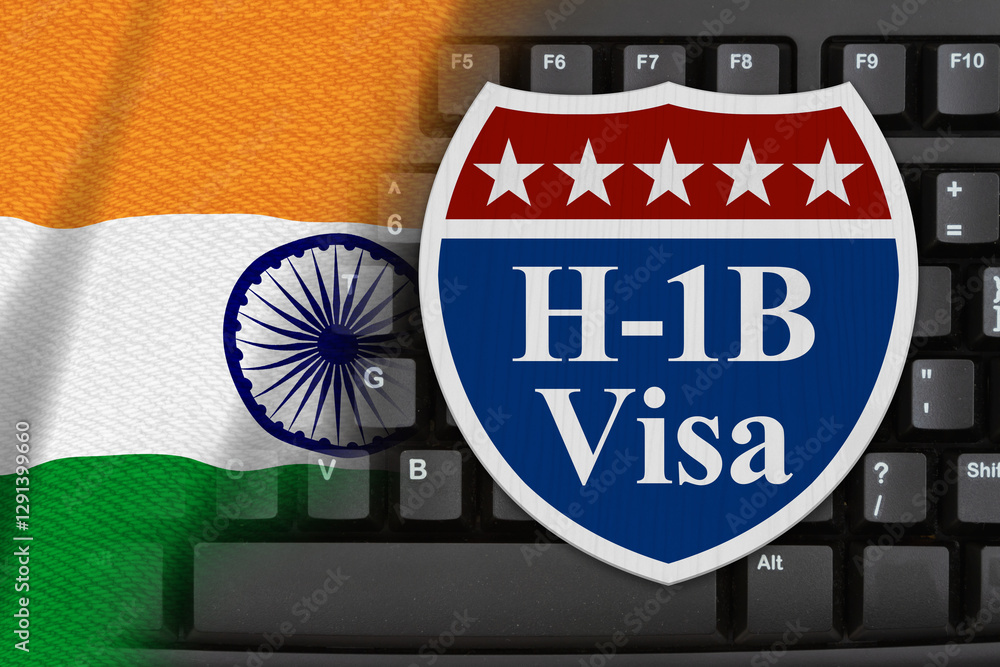 Indian flag and h1b visa sign on a computer keyboard