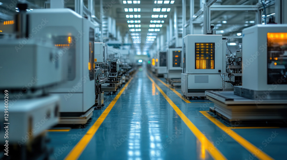 High-tech electronics manufacturing facility with cleanroom environments, robotic assembly lines, and laser precision machines High-tech electronics manufacturing facility with cleanroom environments, robotic assembly lines, and laser precision machines