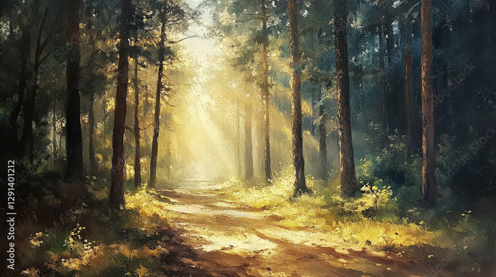 Fototapeta premium A painting of a forest path with sunlight shining through the trees. The mood of the painting is peaceful and serene