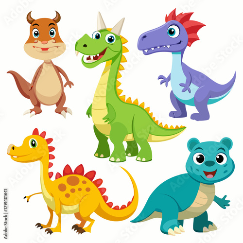 Set of cute happy dinosaurs, with the names of each, the inhabitants of the ancient world in a children's cartoon style isolated on transparent background