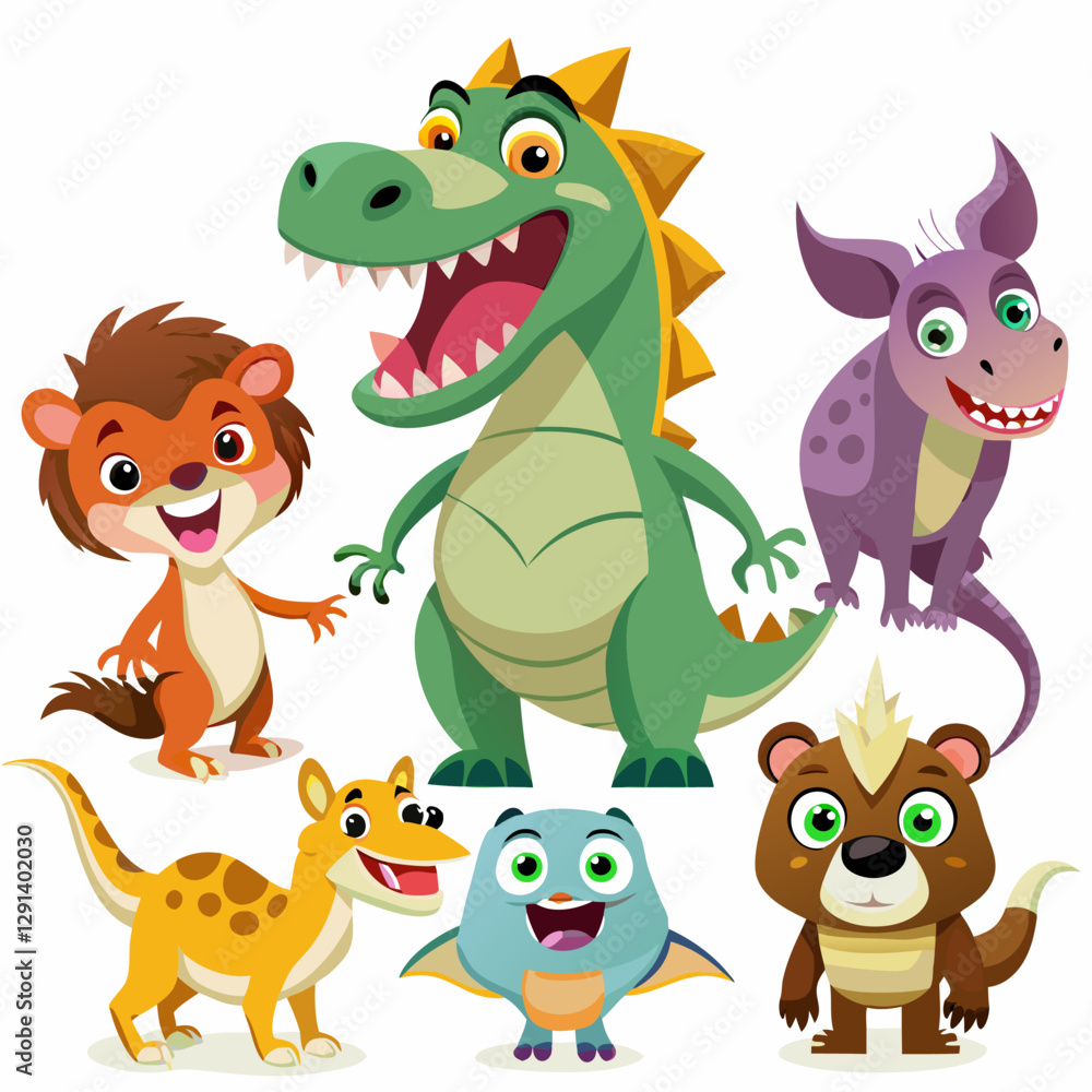 Set of cute happy dinosaurs, with the names of each, the inhabitants of the ancient world in a children's cartoon style isolated on transparent background Set of cute happy dinosaurs, with the names of each, the inhabitants of the ancient world in a children's cartoon style isolated on transparent background
