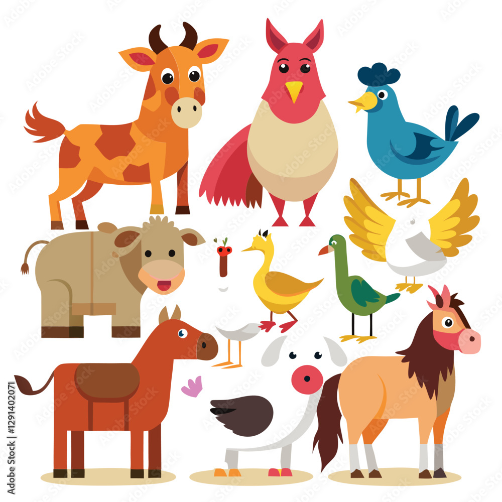 Obraz premium Vector collection of Farm Animals and Birds in Trendy Flat Style