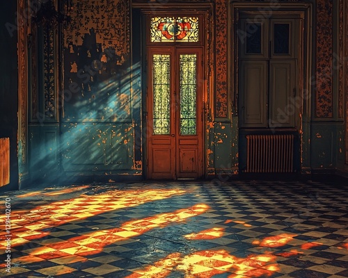 Sunbeams illuminate a decaying room's checkered floor and stained-glass door.